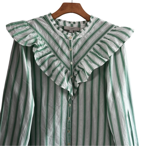 LOFT Green & White Striped Ruffle Blouse Size Xl - Picture 3 of 10